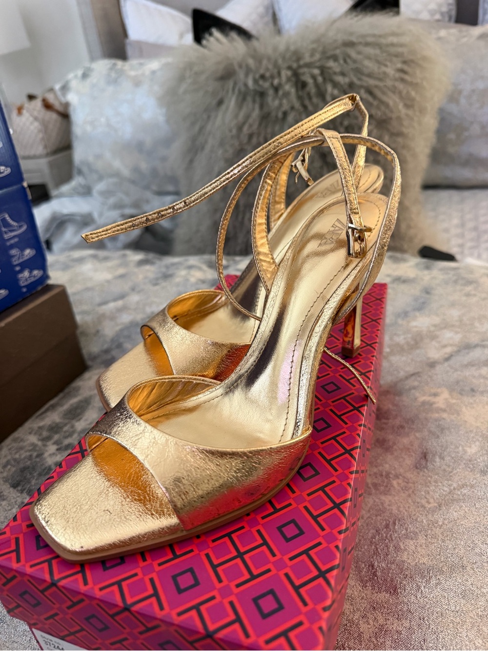 Zara Gold Metallic Open-Toe Ankle-Strap Sandals